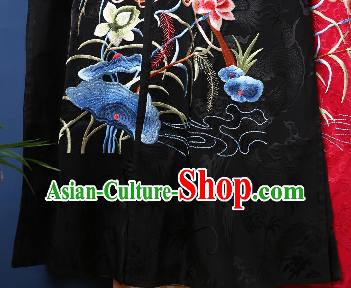 Chinese Traditional National Costume Tang Suit Outer Garment Embroidered Lotus Black Brocade Dust Coat