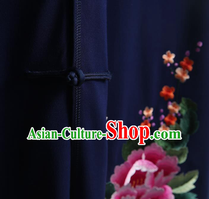 China Embroidered Navy Vest Qipao Clothing Traditional Women Dress Classical Cheongsam