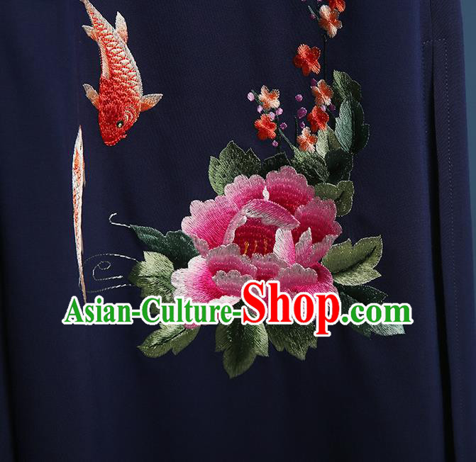 China Embroidered Navy Vest Qipao Clothing Traditional Women Dress Classical Cheongsam