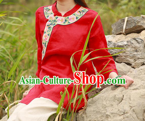 Chinese Tang Suit Embroidered Red Shirt National Upper Outer Garment Flax Costume