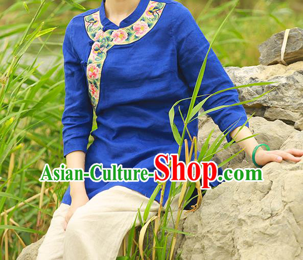 Chinese Tang Suit Blue Flax Blouse Costume Embroidered Shirt National Upper Outer Garment