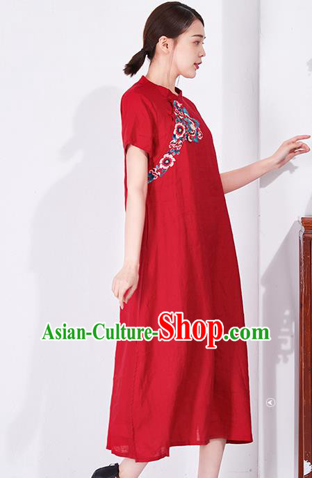 China National Qipao Clothing Traditional Women Dress Classical Embroidered Red Flax Cheongsam