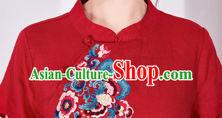 China National Qipao Clothing Traditional Women Dress Classical Embroidered Red Flax Cheongsam