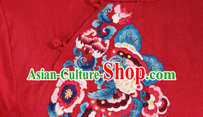 China National Qipao Clothing Traditional Women Dress Classical Embroidered Red Flax Cheongsam