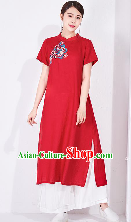 China National Qipao Clothing Traditional Women Dress Classical Embroidered Red Flax Cheongsam