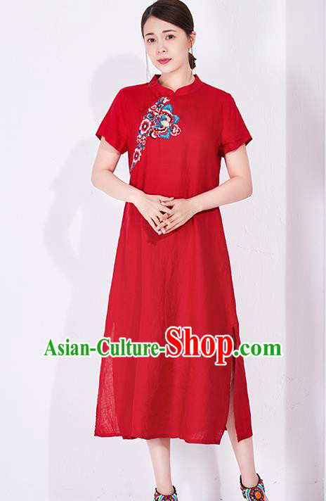 China National Qipao Clothing Traditional Women Dress Classical Embroidered Red Flax Cheongsam