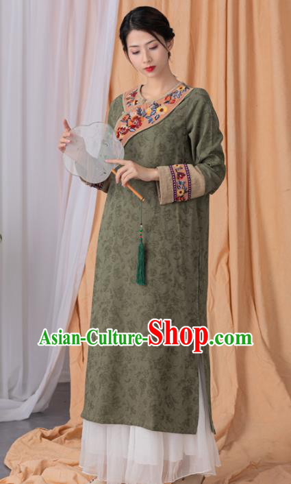 China Tang Suit Olive Green Flax Qipao Tea Culture Clothing Traditional Women Classical Dress National Embroidered Cheongsam