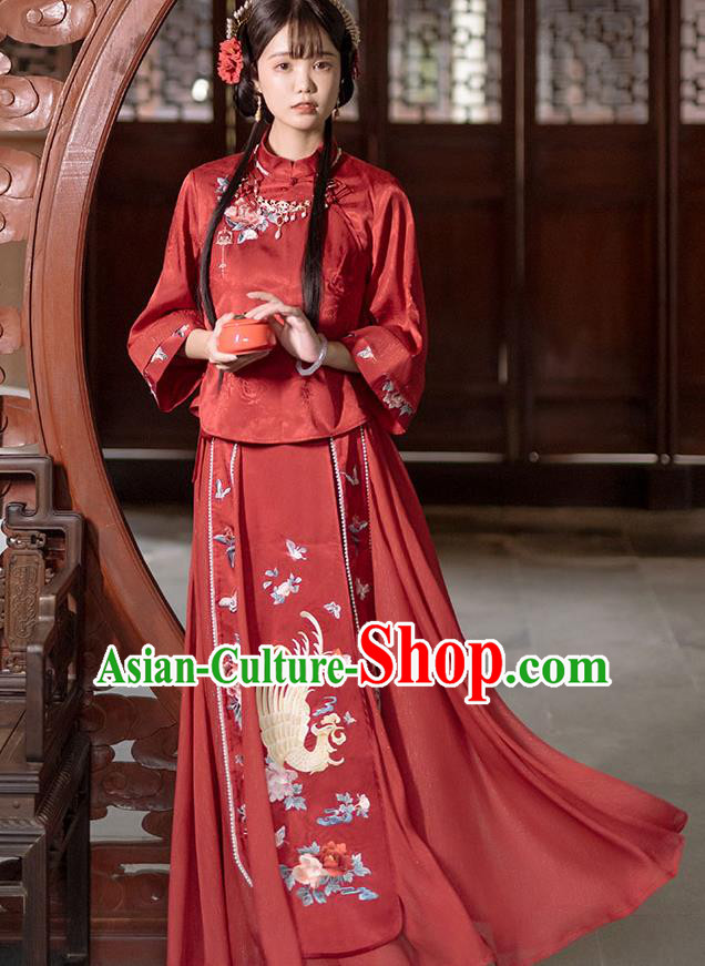 Chinese Tang Suit Wedding Costumes Traditional Xiuhe Suit Bride Red Blouse and Skirt Full Set