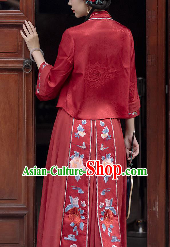 Chinese Tang Suit Wedding Costumes Traditional Xiuhe Suit Bride Red Blouse and Skirt Full Set
