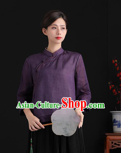 Chinese National Deep Purple Shirt Tang Suit Upper Outer Garment Women Costume Ramine Blouse