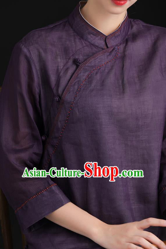 Chinese National Deep Purple Shirt Tang Suit Upper Outer Garment Women Costume Ramine Blouse