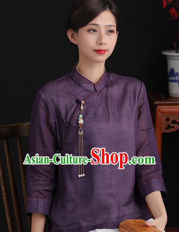 Chinese National Deep Purple Shirt Tang Suit Upper Outer Garment Women Costume Ramine Blouse
