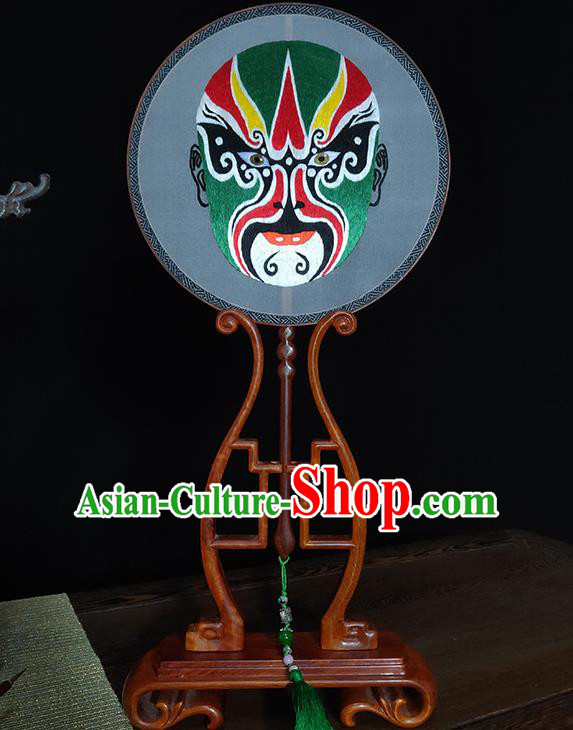 China Handmade Beijing Opera Silk Fan Embroidered Round Fan Suzhou Embroidery Green Facial Makeup Fans