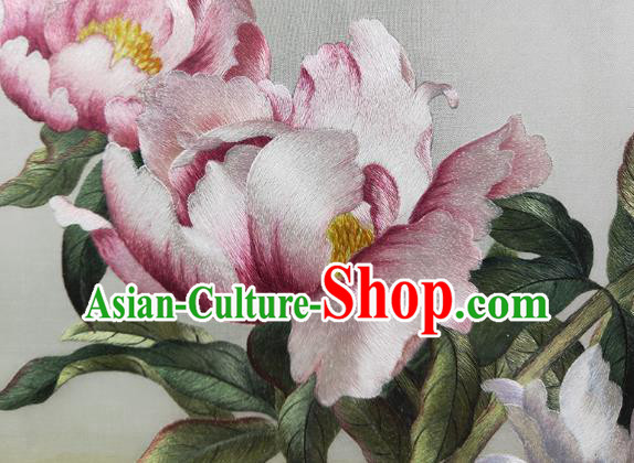 Chinese Handmade Embroidered Craft Suzhou Embroidery Decoration Traditional Peony Painting Screen
