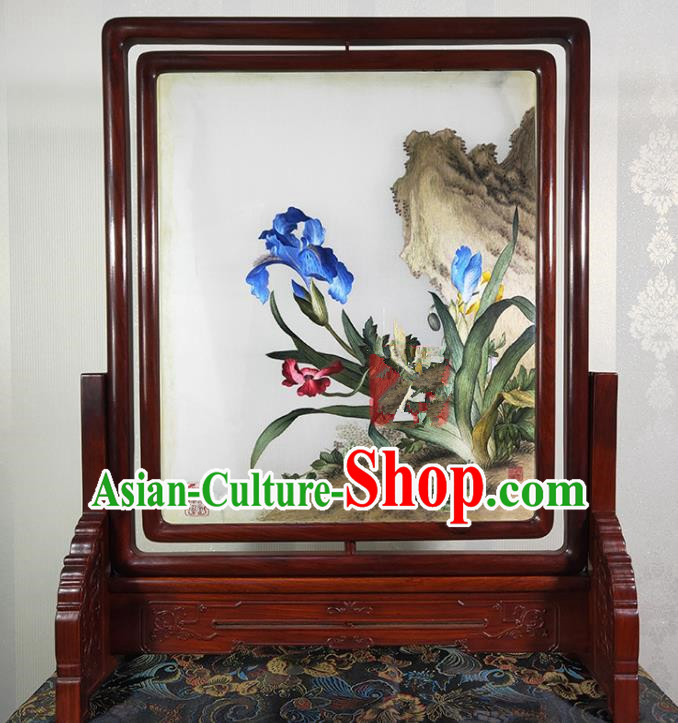 Chinese Traditional Orchids Painting Rotating Screen Handmade Embroidered Craft Suzhou Embroidery Desk Decoration