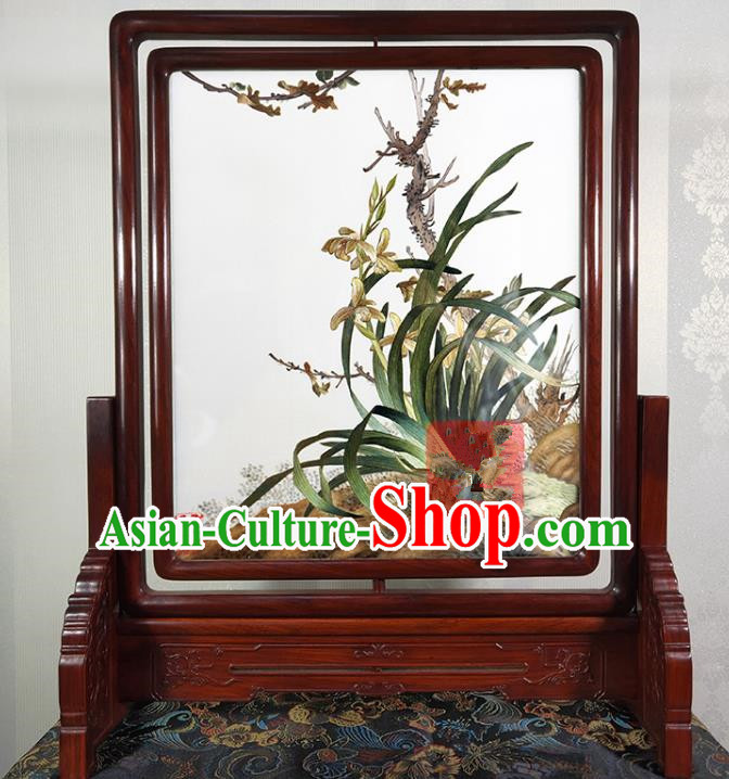 Chinese Traditional Desk Decoration Handmade Suzhou Embroidery Orchids Painting Rotating Screen Embroidered Craft