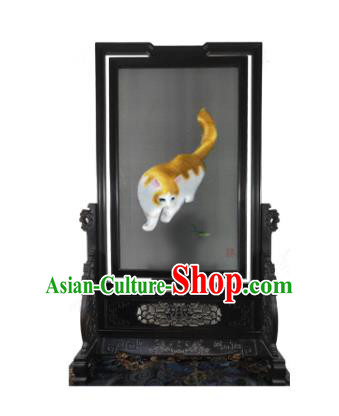 Chinese Handmade Rosewood Table Decoration Suzhou Embroidery Cat Rotating Screen Traditional Embroidered Screen Craft