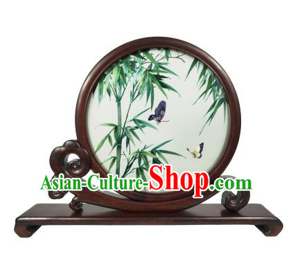 Chinese Table Decoration Suzhou Embroidery Bamboo Screen Double Side Embroidered Screen Traditional Rosewood Craft