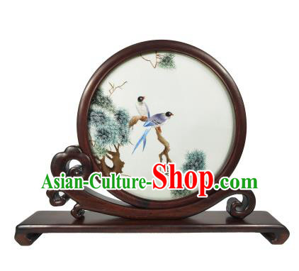 Chinese Embroidery Pine Birds Screen Suzhou Double Side Embroidered Screen Traditional Rosewood Craft Table Decoration
