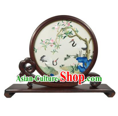 Chinese Embroidery Crane Painting Table Screen Suzhou Double Side Embroidered Screen Traditional Rosewood Decoration Craft