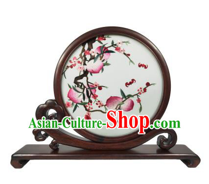 Chinese Traditional Rosewood Decoration Craft Suzhou Embroidery Peach Painting Table Screen Double Side Embroidered Screen