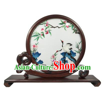 Chinese Rosewood Decoration Double Side Embroidered Screen Suzhou Embroidery Peach Crane Painting Table Screen Traditional Craft