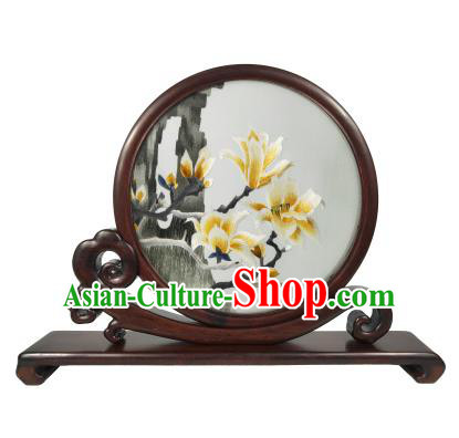 Chinese Suzhou Embroidery Rosewood Craft Embroidered Mangnolia Painting Table Screen Decoration