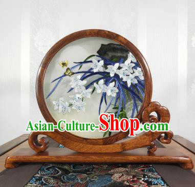 Chinese Handmade Palisander Table Screen Suzhou Embroidery Craft Embroidered Orchids Painting Decoration