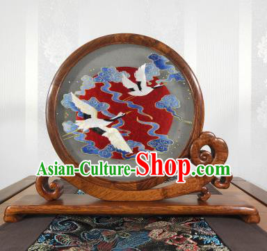 Chinese Embroidered Cloud Crane Painting Decoration Handmade Palisander Table Screen Suzhou Embroidery Craft