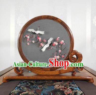 Handmade Suzhou Embroidery Craft Chinese Embroidered Plum Cranes Painting Decoration Palisander Table Screen