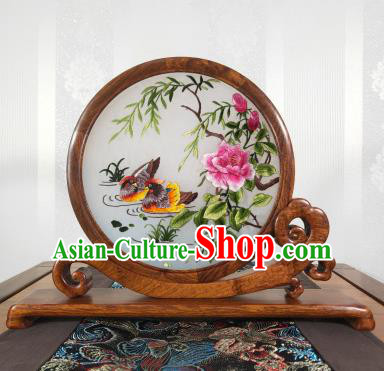 Top Grade Palisander Craft Handmade Chinese Embroidered Mandarin Duck Painting Decoration Suzhou Embroidery Table Screen