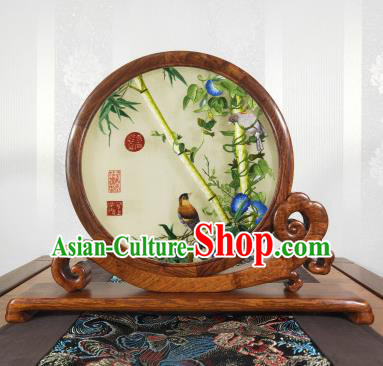 Top Grade Suzhou Embroidery Craft Handmade Palisander Table Screen Chinese Embroidered Bamboo Painting Decoration
