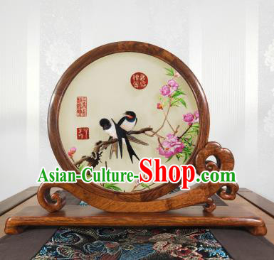 Handmade Flower Bird Painting Table Screen Chinese Embroidered Palisander Decoration Top Grade Suzhou Embroidery Craft
