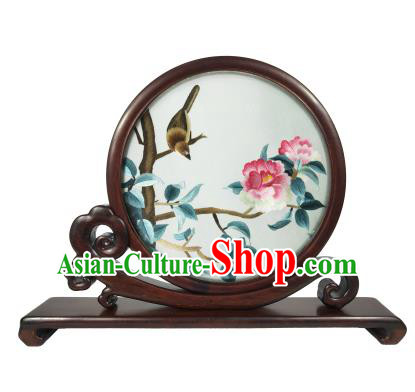 Chinese Traditional Embroidered Peony Bird Screen Craft Rosewood Table Decoration Handmade Double Side Suzhou Embroidery Screen