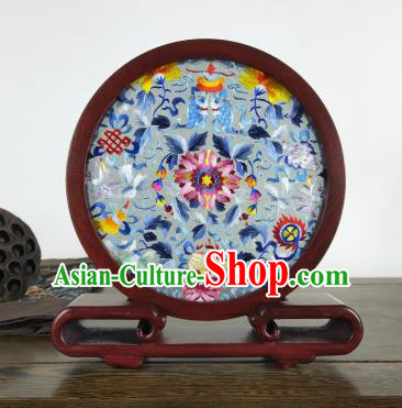 Rosewood Home Decoration China Traditional Craft Handmade Embroidered Lotus Fish Painting Table Screen