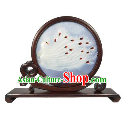 Chinese Traditional Rosewood Table Decoration Handmade Double Side Suzhou Embroidery Screen Craft Embroidered White Peacock Screen
