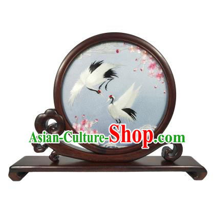Chinese Traditional Double Side Suzhou Embroidery Screen Embroidered Cranes Screen Rosewood Table Decoration