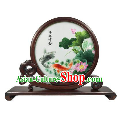 Chinese Embroidered Carp Lotus Screen Traditional Double Side Screen Rosewood Suzhou Embroidery Table Decoration