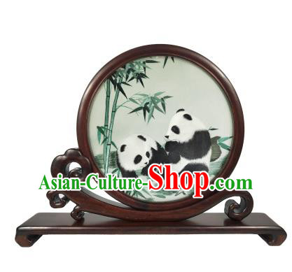 Chinese Double Side Embroidered Screen Traditional Rosewood Carving Table Decoration Suzhou Embroidery Panda Screen