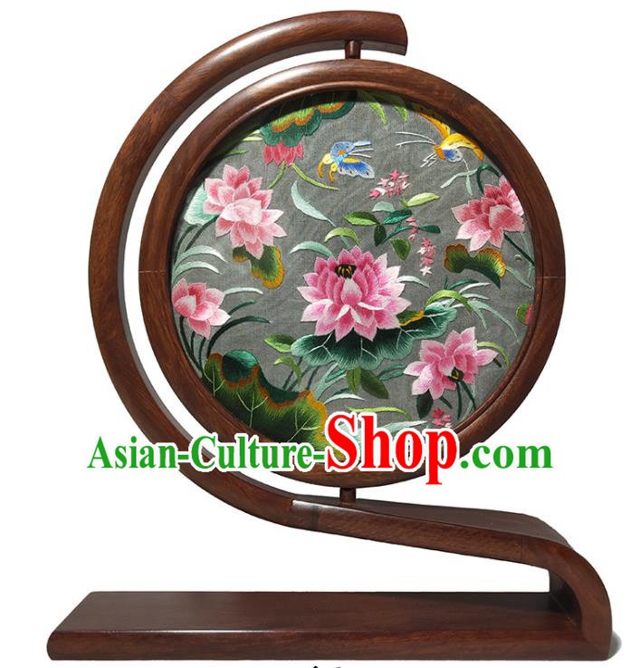 China Double Side Embroidered Craft Rosewood Home Decoration Traditional Handmade Lotus Painting Table Screen
