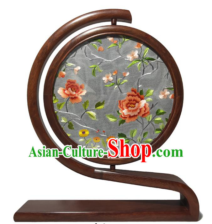 China Traditional Handmade Craft Rosewood Table Screen Embroidered Peony Double Side Screen