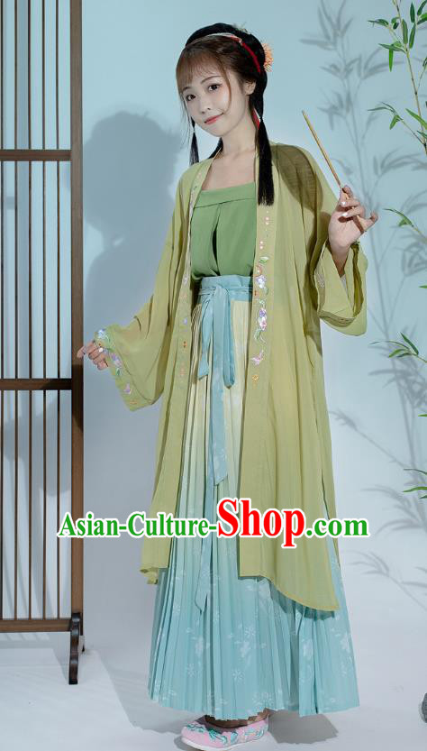 Ancient China Village Girl Costumes Traditional Song Dynasty Country Lady Clothing Green BaiZi Top and Skirt Full Set