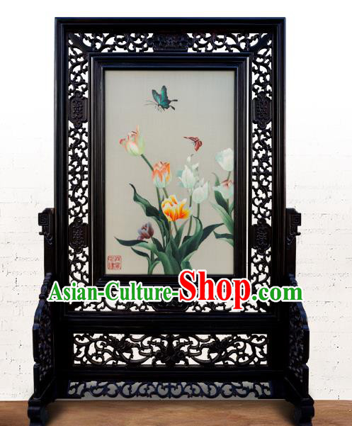 China Traditional Home Furnishings Handmade Wood Carving Double Side Table Screen Embroidered Tulip Painting Screen