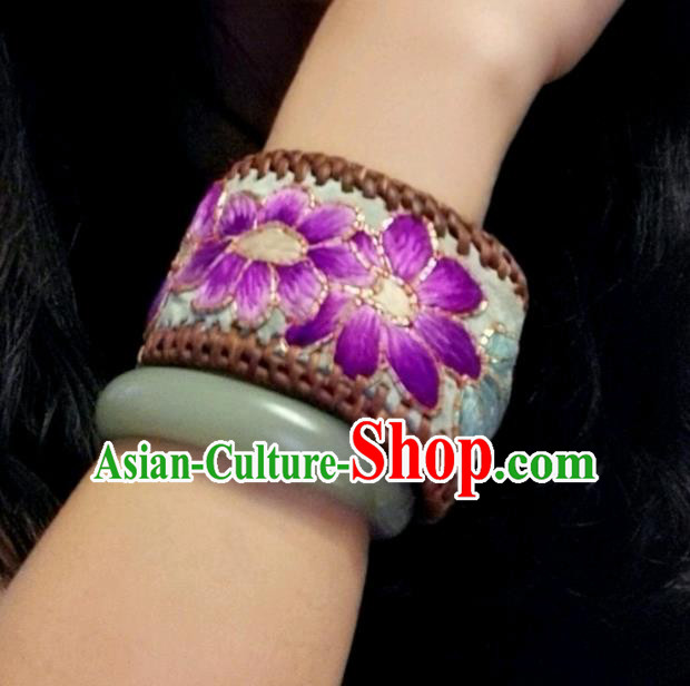 Handmade China Ethnic Embroidered Blue Bracelet Traditional Accessories Rattan Bangle for Women