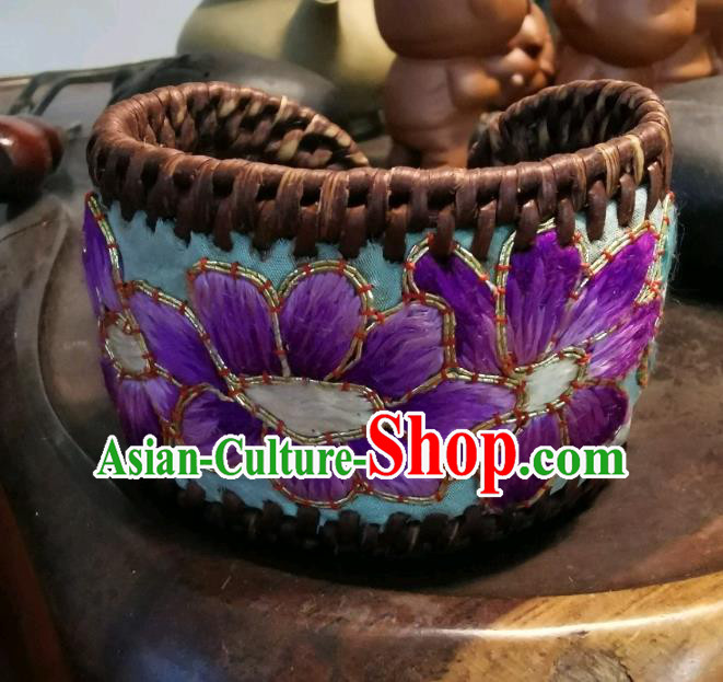 Handmade China Ethnic Embroidered Blue Bracelet Traditional Accessories Rattan Bangle for Women