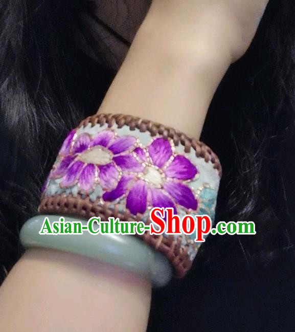 Handmade China Ethnic Embroidered Blue Bracelet Traditional Accessories Rattan Bangle for Women