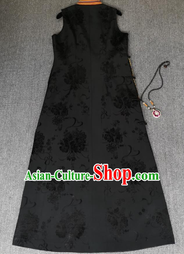 Chinese Embroidered Black Silk Qipao Dress Traditional Women Clothing National Sleeveless Cheongsam