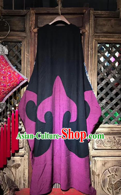 Chinese Traditional Minority Women Embroidery Purple Flax Robe National Clothing Embroidered Dress