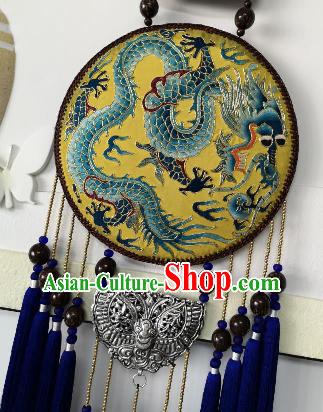 Handmade China National Royalblue Tassel Rattan Accessories Traditional Embroidered Dragon Pendant