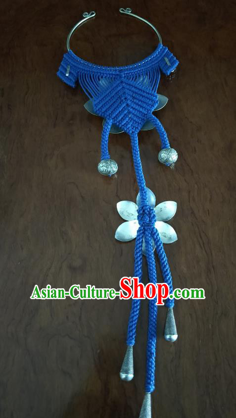 Handmade China National Silver Flowers Tassel Accessories Traditional Blue Sennit Necklet
